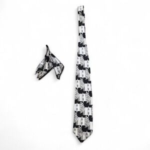 Vintage 90s Steven Land Black & White Checkered 100% Silk Tie & Pocket Square